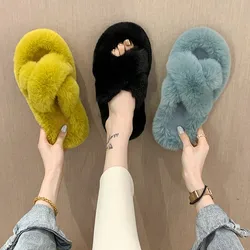 Fashion One Word Thick Fur Slippers Double Fur Slippers Casual Home Cotton Shoes for Women Flat Plush Cross Straps Slippers2025