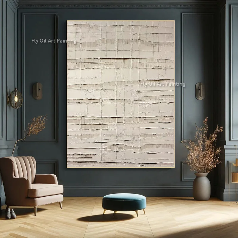 Beige Canvas Texture Thick Oil Painting Large Abstract Simple Wall Art Decor Handpainted Grey Artwork Fashinal Design For Room