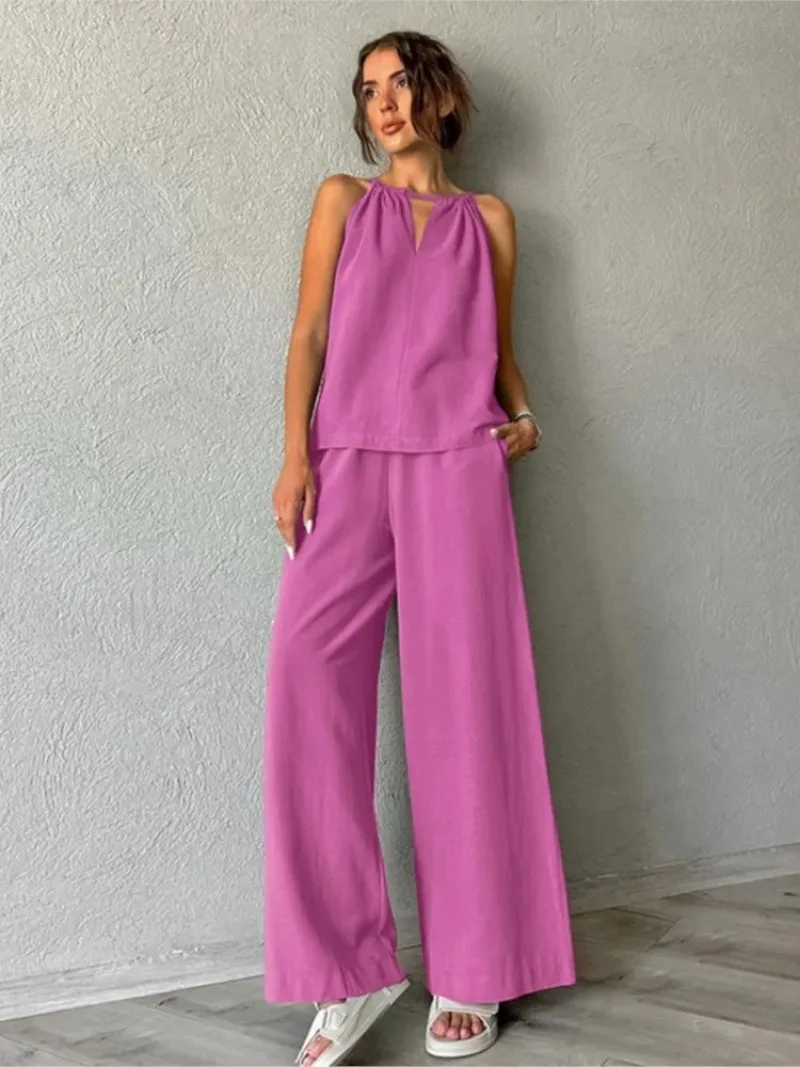

Women's Vacation Two-piece Halter Top Wide-leg Trousers Cotton Set Solid Color Comfortable Casual Sleeveless Two Piece Set Women