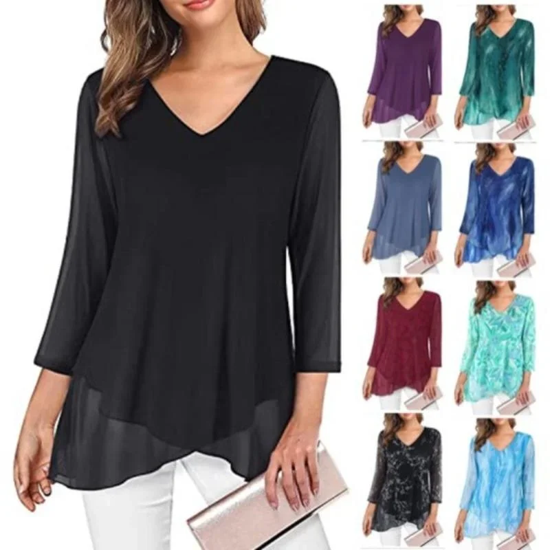 Wiosna Jesień Damski Pullover Top V Neck Solid Color Printed Slim Femme Eleganct Seven Sleeve Hem Asymmetric T-Shirt Commute