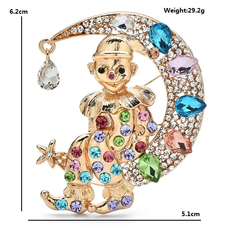 Cute Sitting On Moon Clown Brooches For Women Unisex Sparkling Figure Party Casual Brooch Pins Gifts