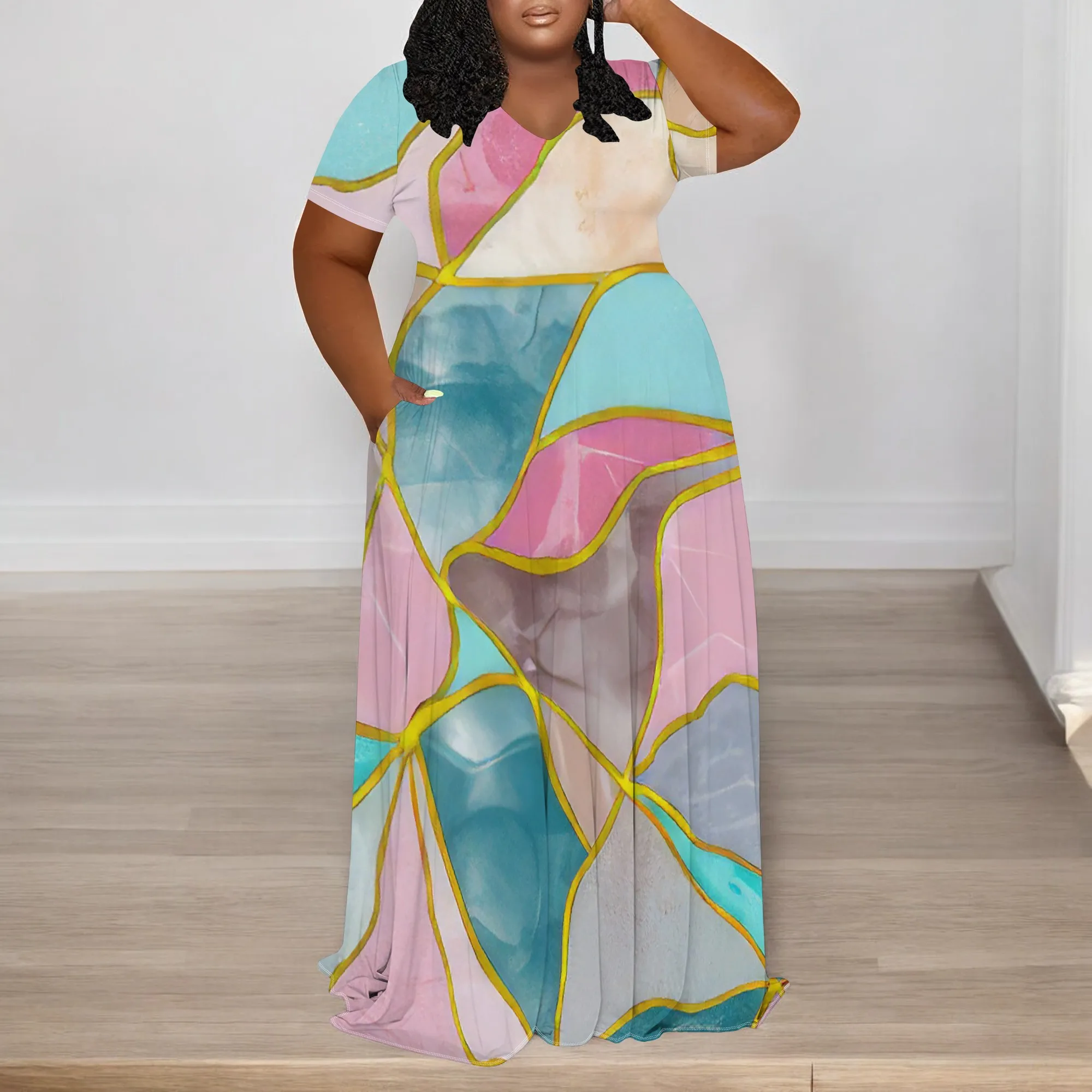 プラスサイズ レディース 夏 3D ファッション プリント ワンピース 半袖 Vネック マキシワンピース (ポケット付き)