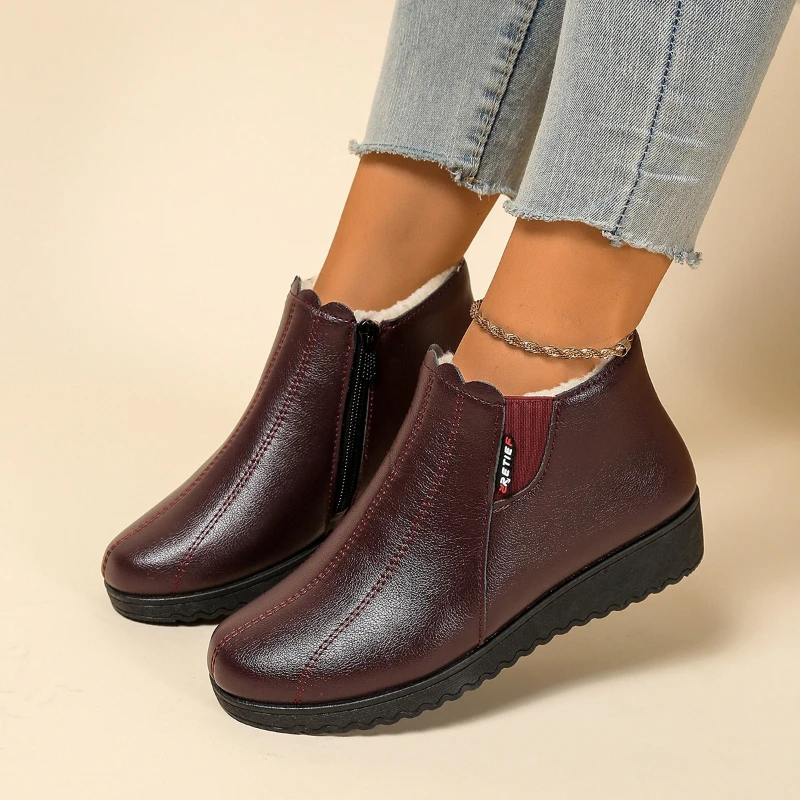 

Хлопковая обувь Мягкая подошва Нескользящая зимняя теплая и плюшевая хлопковая обувь Кожаная обувь для мам на плоской подошве Удобные женские ботинки