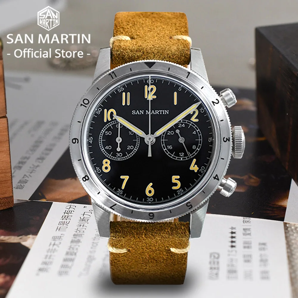 San Martin Vintage Men Quartz Watch Pilot VK64 Chronograph Watches