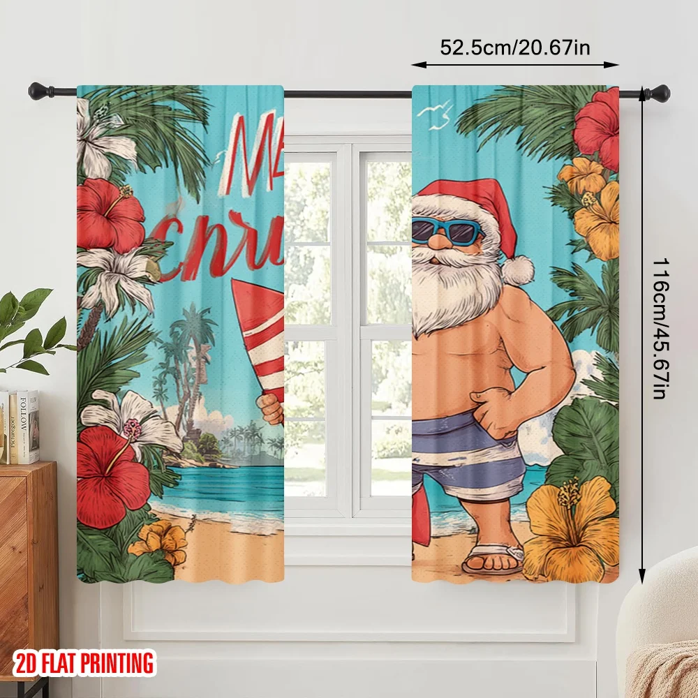 2pcs,2D plane printing Curtain Popular Tropical Beach Santa with Surfboard and Palm Tree Durable Polyester (without rod) Gifts