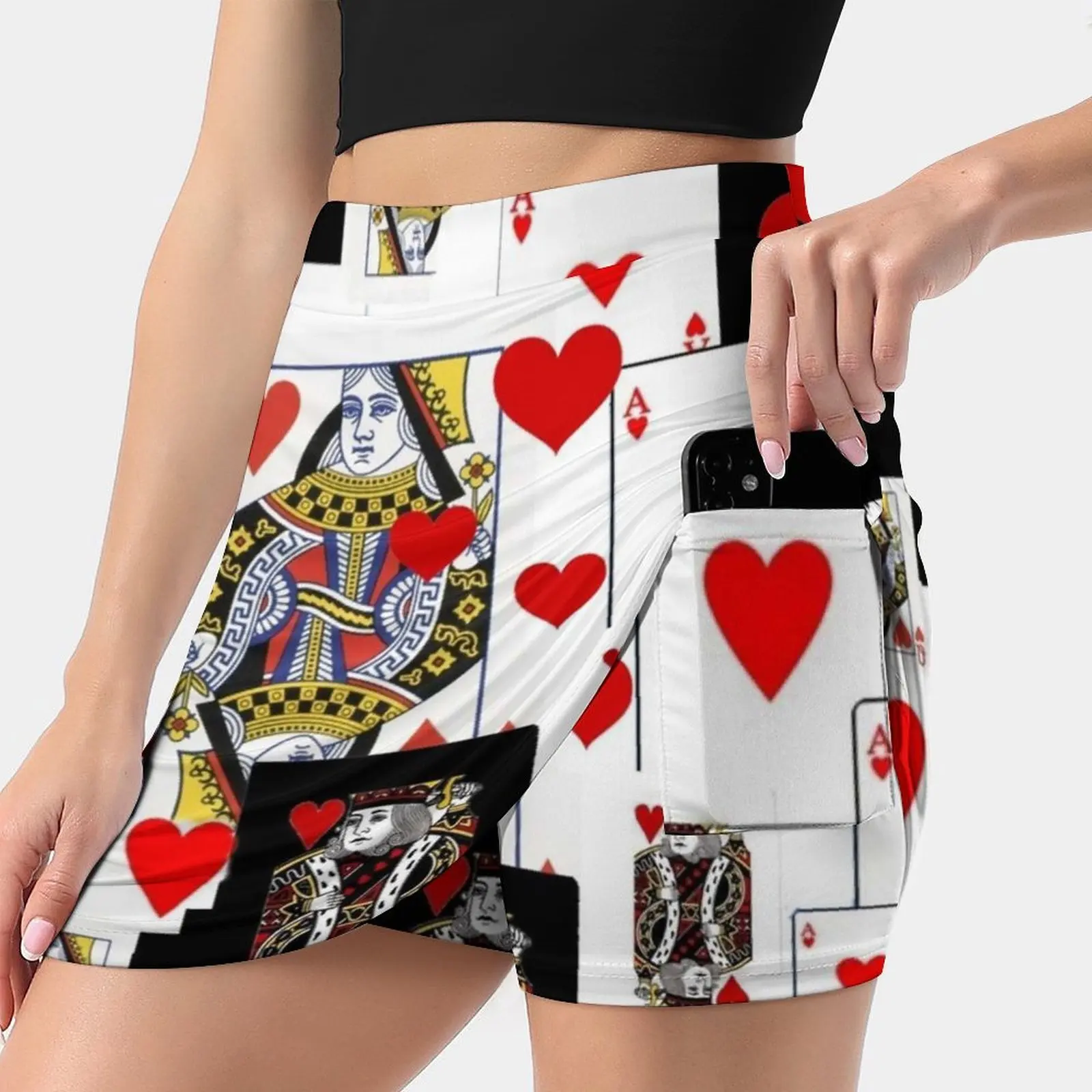 Black Color Royal Court Casino Red Hearts Cards Women\'s skirt Sport Skort Skirt With Pocket Fashion Korean Style Skirt 4Xl