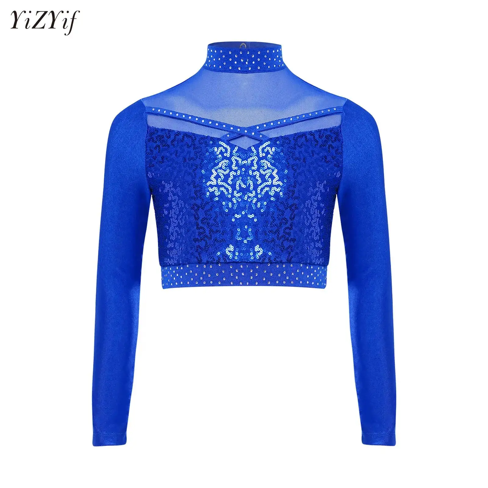 

Kids Girls Hip Hop Jazz Street Dance Crop Top Performance Costume Long Sleeve Shiny Sequins Mesh T-shirts Dancewear Sportswear