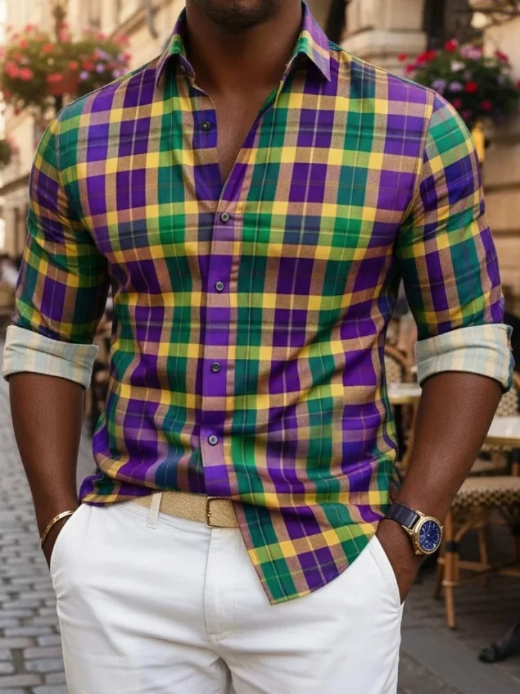 

Men's Mardi Gras Theme Plaid All Over Printed Long Sleeve Shirt 2026 New Holiday Spring Single Breast Summer Tunics Oversized