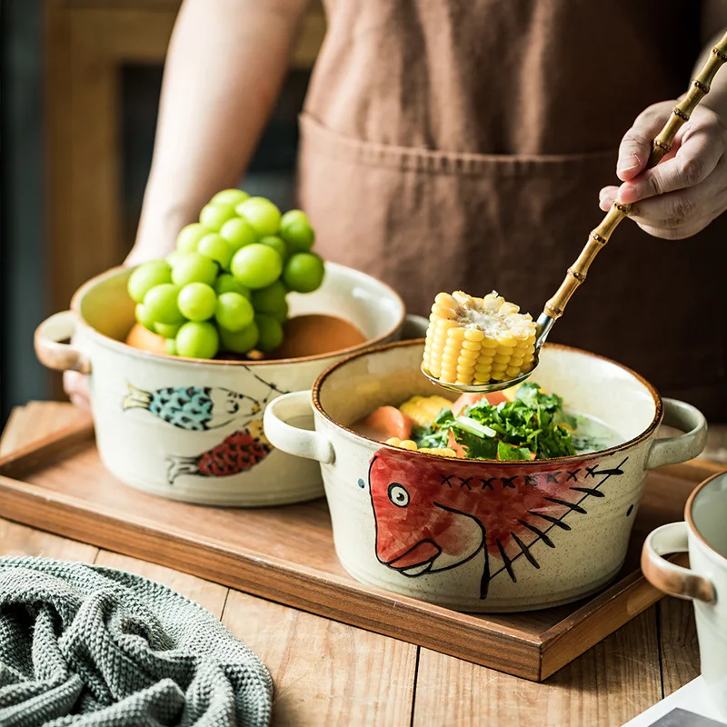 Japanese Creative Binaural Ceramic Bowl Dessert Bowl Tureen Cooker Household Small Soup Bowl Pot