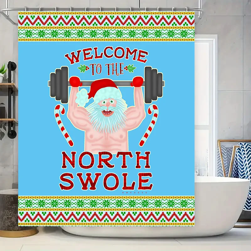 Festive Fitness Fun: 'Welcome to the North Swole' Christmas Shower Curtain for a Humorous and Festive Bathroom Décor