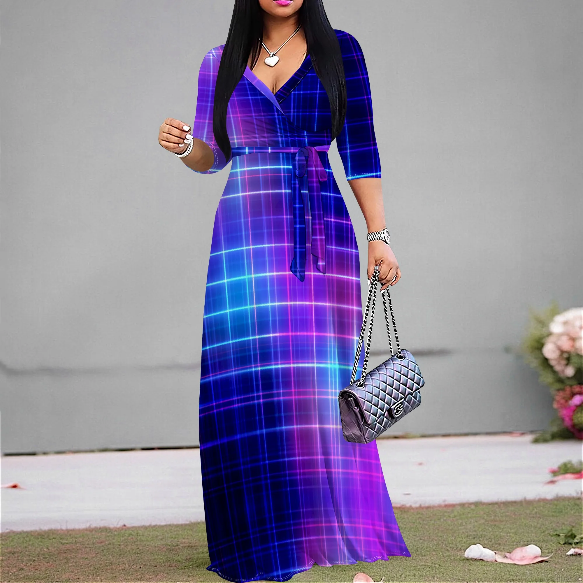

Cyberpunk Maxi Dress for Women Neon Grid Glow Print V-Neck Long Dresses Futuristic Rave Festival Outfit Plus Size XS-3XL