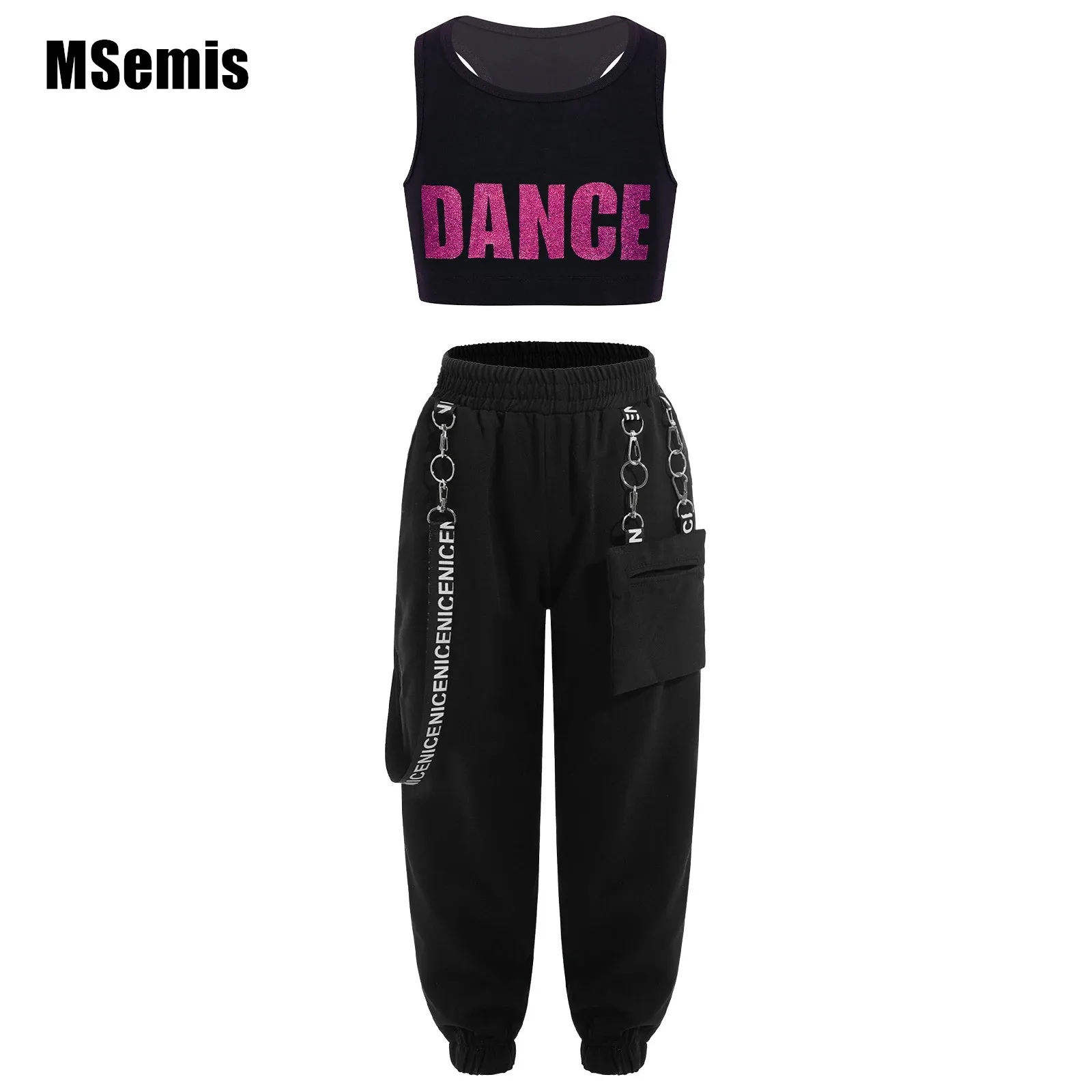 

Kid Girls Letters Printed Dance Set Racer Back Crop Top with Elastic Waistband Chain Pocket Sweatpants for Performance