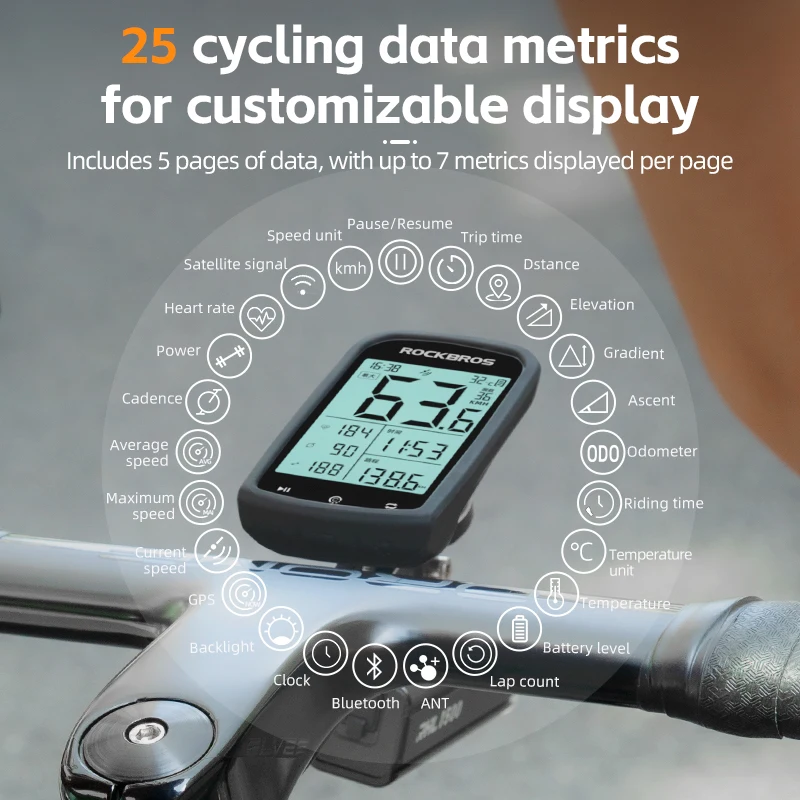 ROCKBROS Bicycle Computer GPS 5.0 ANT Bluetooth Waterproof Wireless Cyclocomputer Speedometer Bike Stopwatch Bike Accessories