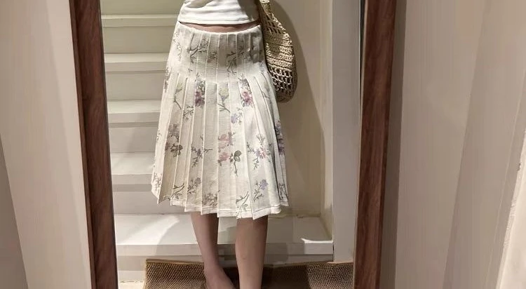 Retro Floral Pleated Skirt Women's Summer Low-rise A-shaped Skirt
