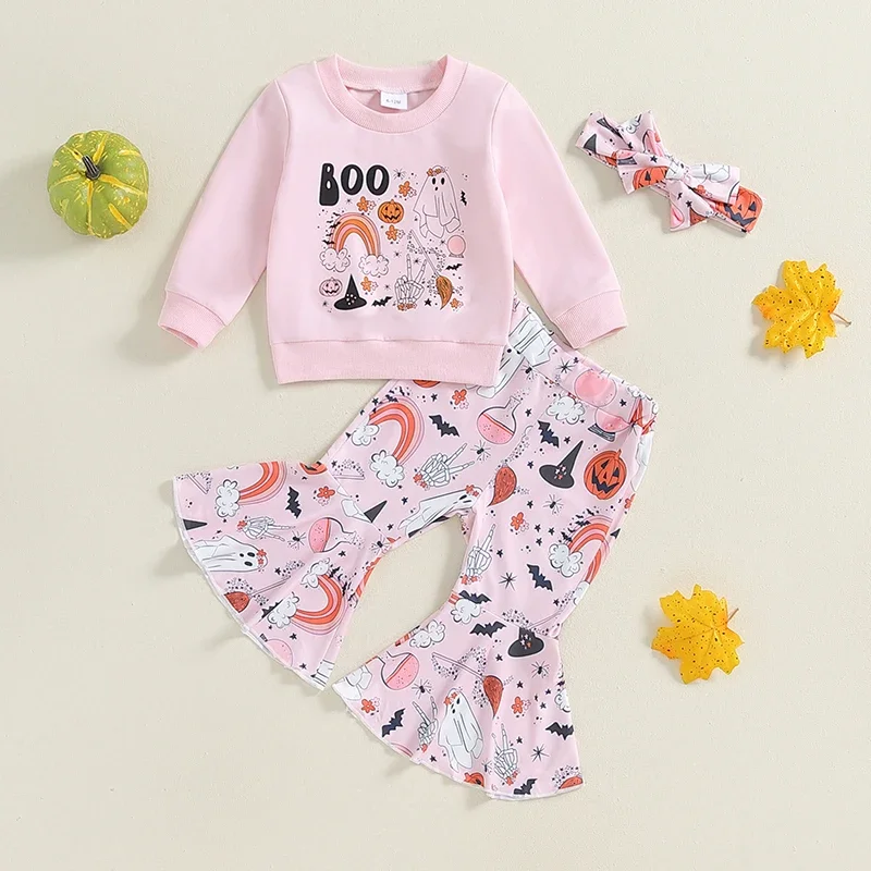 2024-07-04 Lioraitiin Kid Girls Pants Set, Ghost Rainbow Print Sweatshirt with Flare Pants and Headband Halloween Clothes