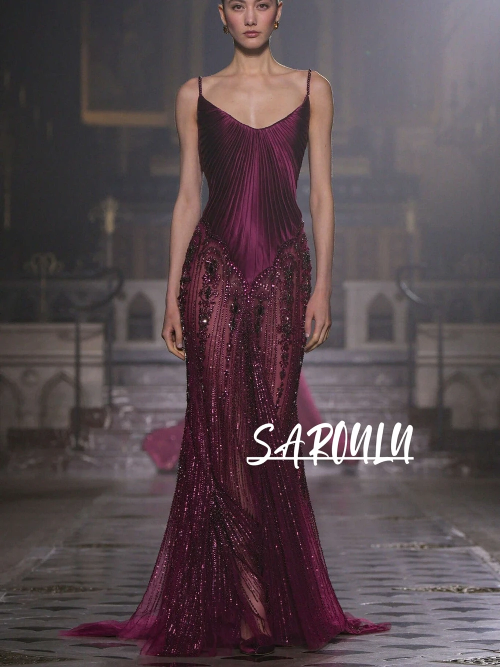 

Fuchsia Tulle Mermaid Evening Dress Opulent Beaded Sequined Thin Straps Customized Prom Gown Women's Dazzling Party Wear