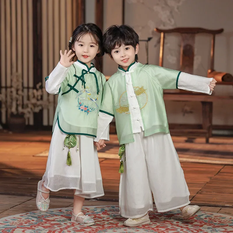 

Переглянутая детская одежда Hanfu, летний традиционный китайский костюм в стиле зеленого дракона и Феникса, одежда для мальчиков и девочек