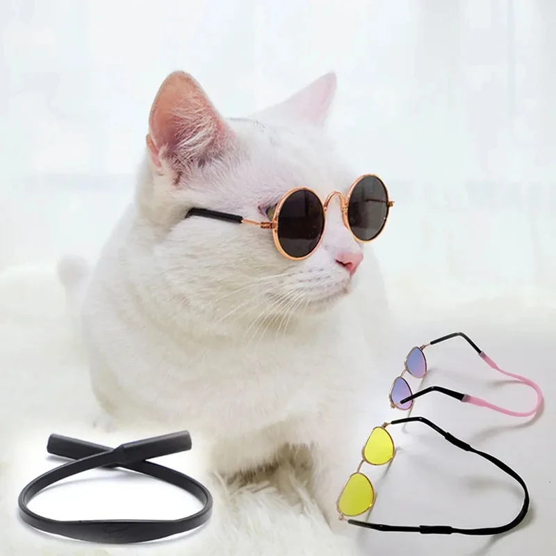 1-6pcs Sunglasses Funny Pet Glasses Round Metal Cat Classic Retro Sunglasses with Anti Slip Belt Pet Party Costume Photo Props