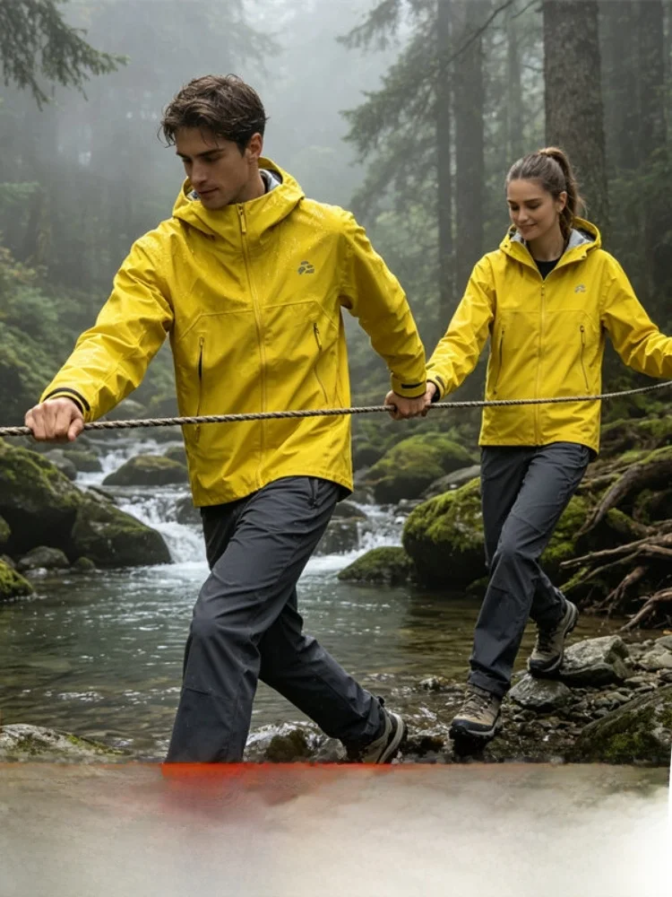 Outdoor Unisex Hardshell Jacket Seamless Sealed Waterproof Windproof Spring Autumn Hooded Polyester Fiber Long Sleeve Coat
