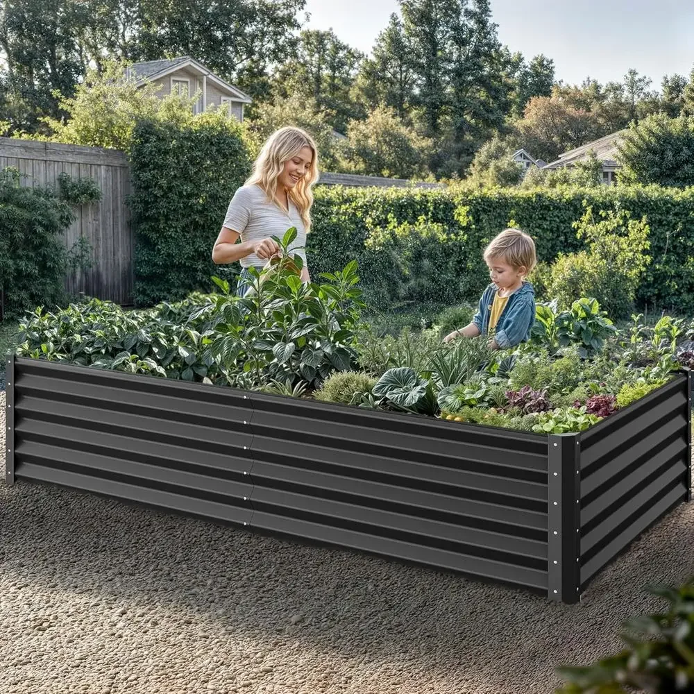 2-Pack 8x4x1.5ft Galvanized Steel Raised Garden Beds with Gloves, Rubber Mats, and Support Rods for Outdoor Planting Vegetables,