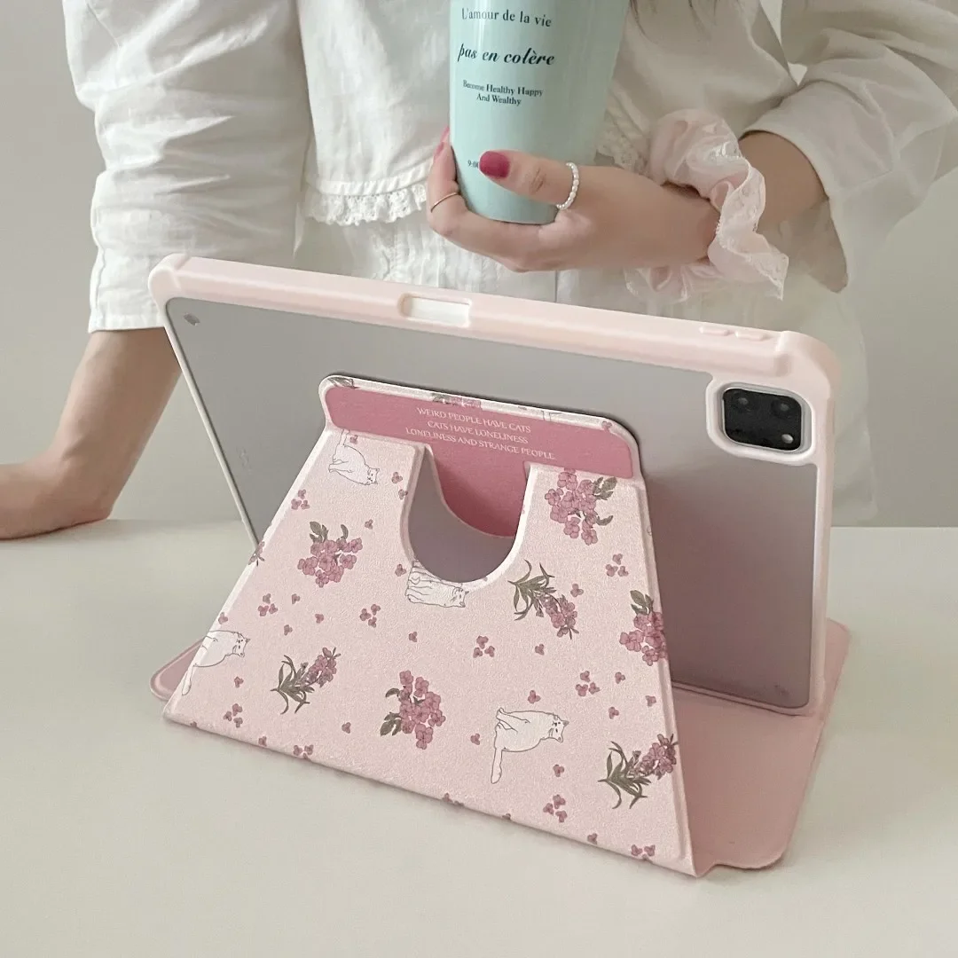 Cute Floral Rabbit Acrylic Protective Case Suitable for iPad Pro 12.9 10.9 11 10.2 Air 3 4 511 Inch Mini 6, Magnetic Adsorption