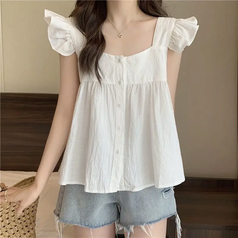 بلا أكمام البساطة الكشكشة فضفاضة الحلو بلوزة الصيف جديد الصلبة الشباب كل مباراة الكورية قميص بلايز موضة ملابس النساء كسول #2