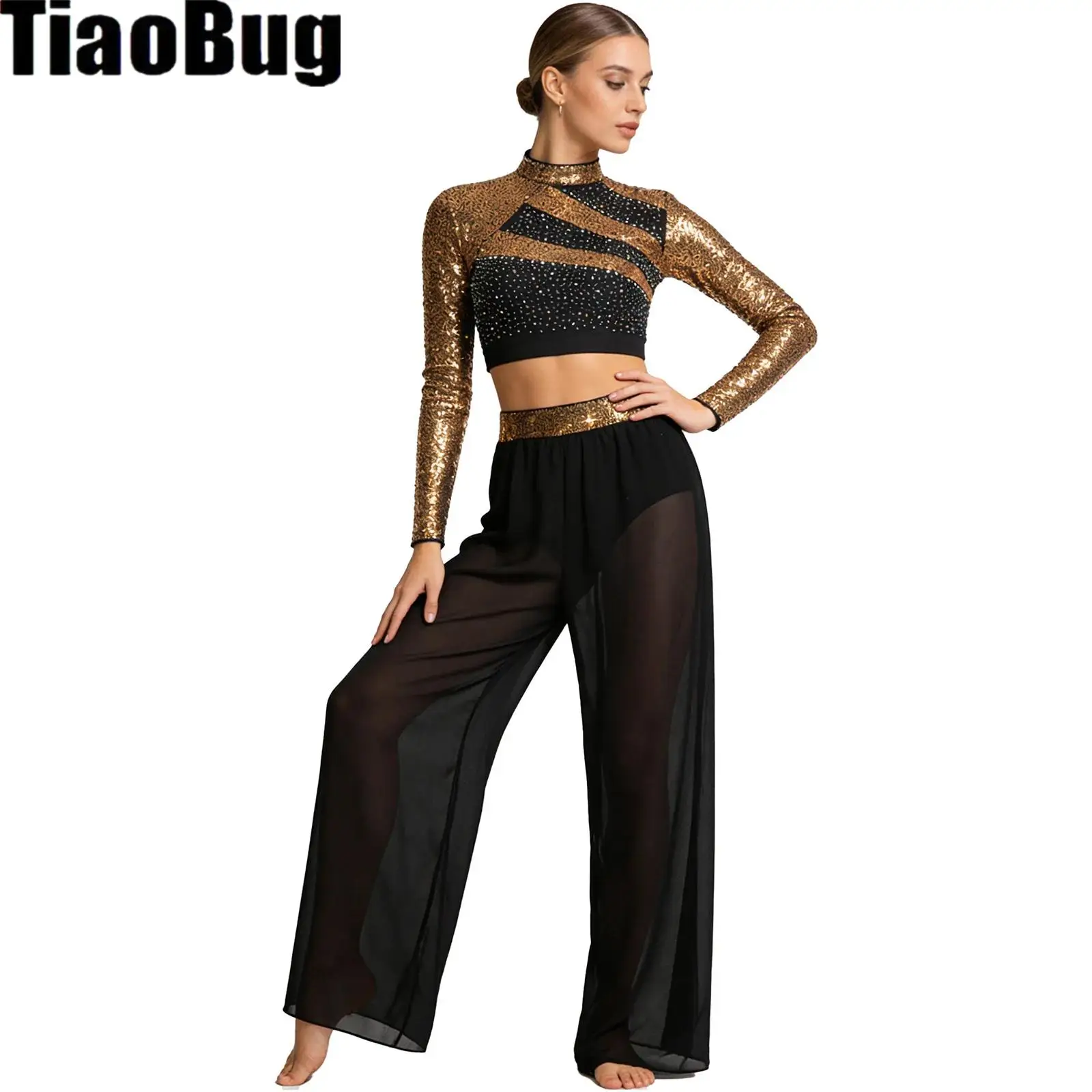 

Женский лирический танцевальный наряд с воротником-стойкой, длинным рукавом, вырезом сзади, блестками и стразами, укороченный топ с прозрачными шифоновыми брюками с разрезом по бокам