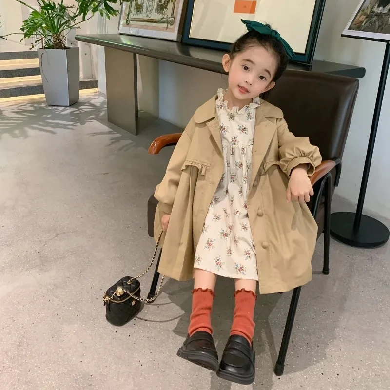 2-10 Years Girls Khaki Dress Jackets Kids Turn Down Collar Trench Coat for Girls Cute Bow Long Outwear Toddler Windbreaker 6 8