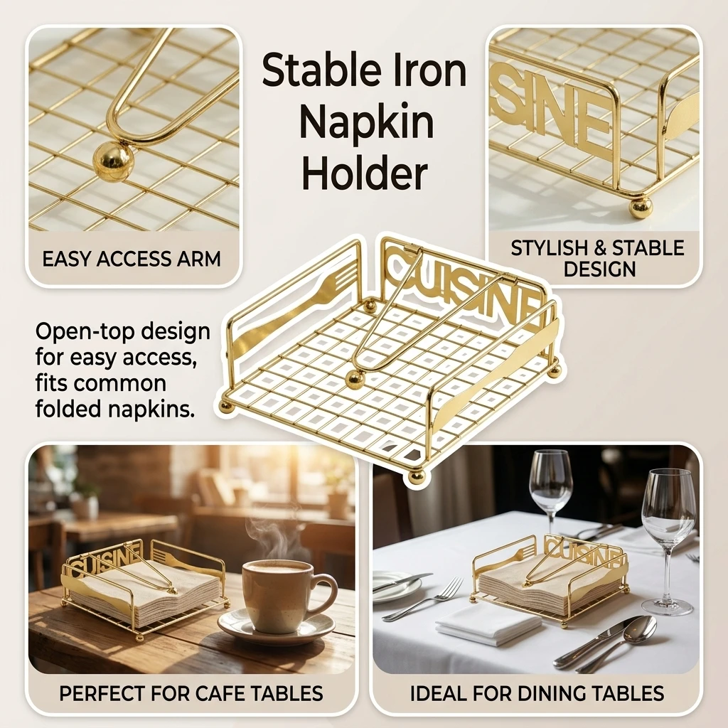 1pc Napkin Stand Organizer Vintage Metal Paper Towel Holder for Cafe Restaurant Home Kitchen Rust-Resistant Wood Base