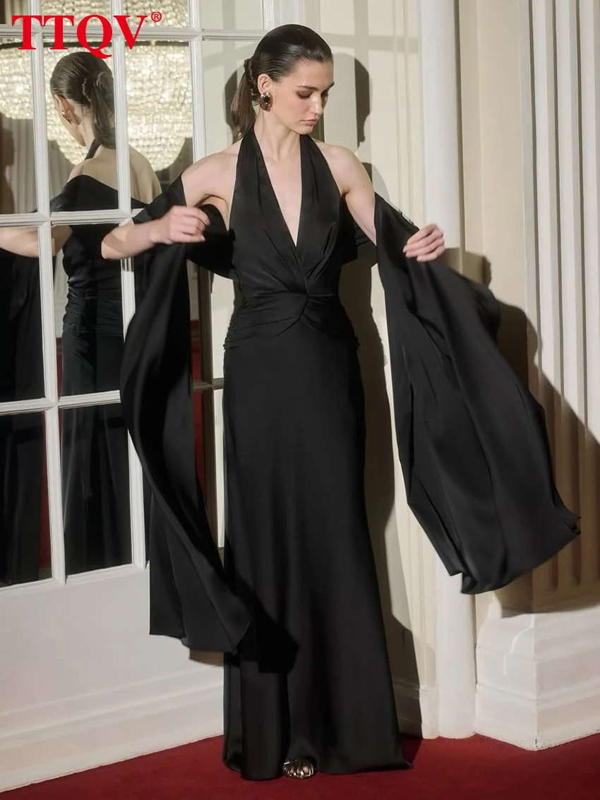 

TTQV Sexy Slim Black Satin Women's Dress 2026 Fashion Halter Sleeveless Maxi Dresses Elegant Classic Backless Female Dress