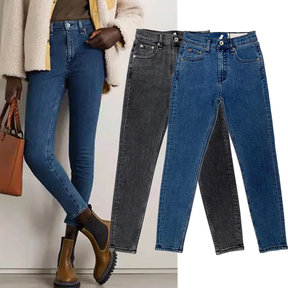 

Jenny & Dave, женская модная женская одежда 2026, весенние однотонные потертые облегающие джинсы с высокой талией, укороченные джинсовые брюки