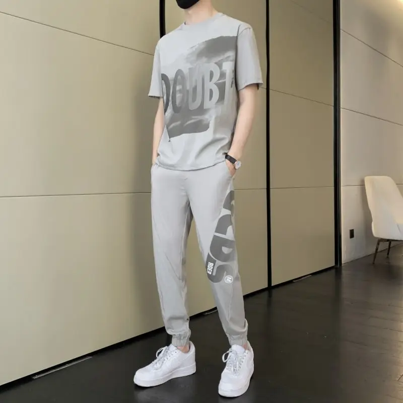 White Top Pants Sets Black Men\'s Clothing Basic Loose 2 Piece Outfit Novelty in Cool High Quality T Shirt Man Chic Cotton Kpop