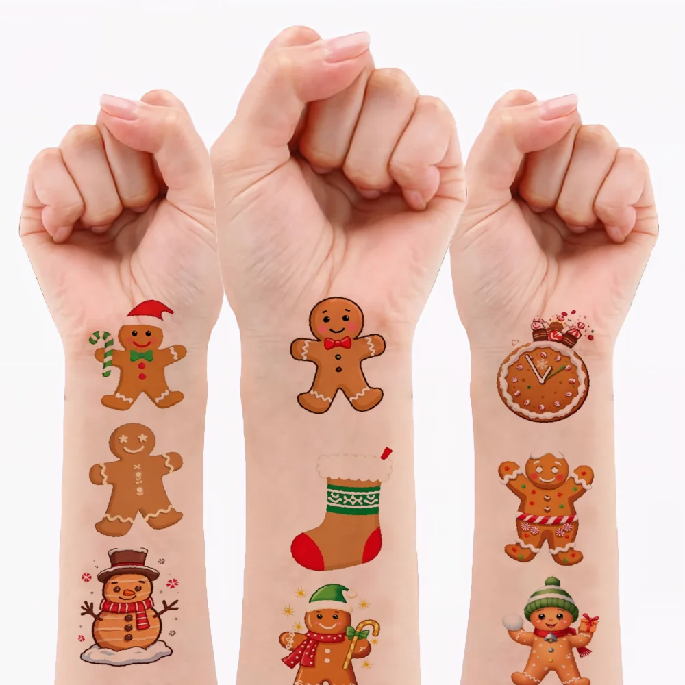 

54pcs Temporary Tattoo Christmas Ornaments Waterproof Long-lasting Body Stickers Gingerbread Figures Cartoon For Adults