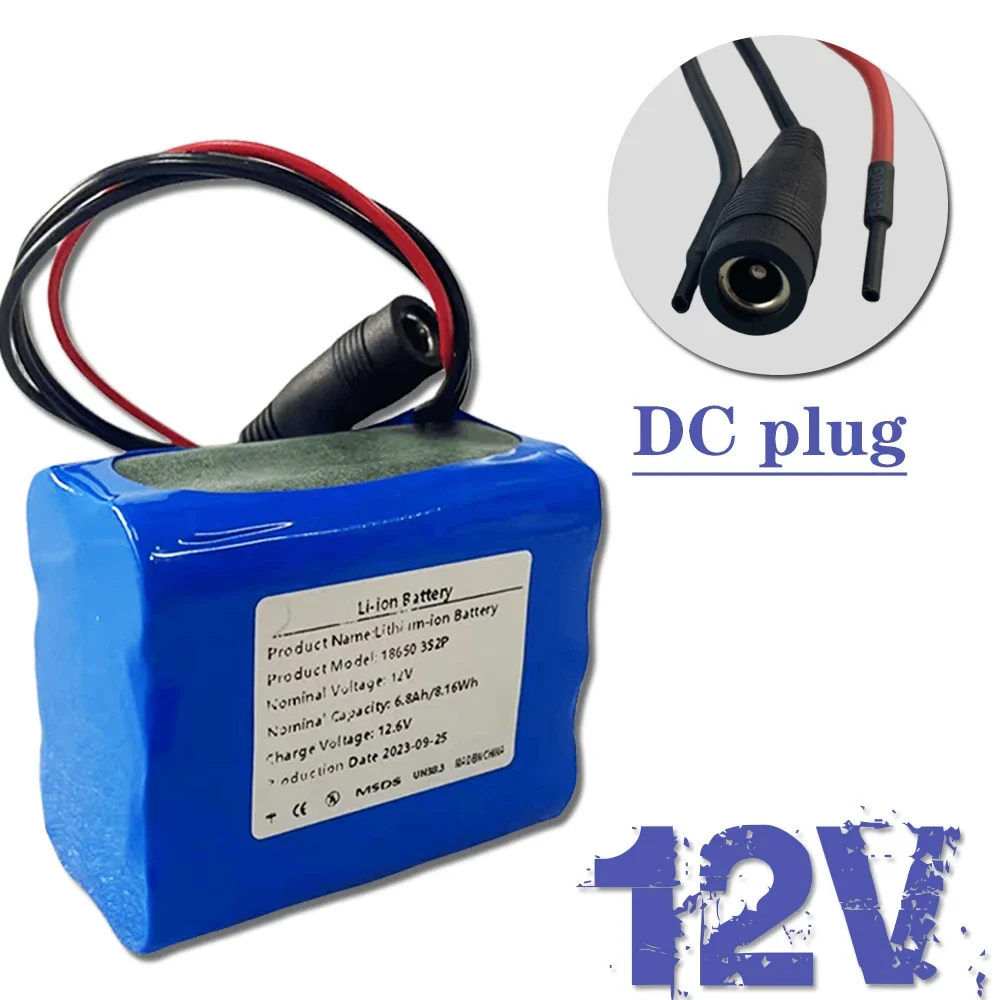 Bateria de iões de lítio recarregável, placa de proteção BMS incorporada, carregador de 12,6 V, capacidade 100% verdadeira, 3S2P, 12V, 6800mAh