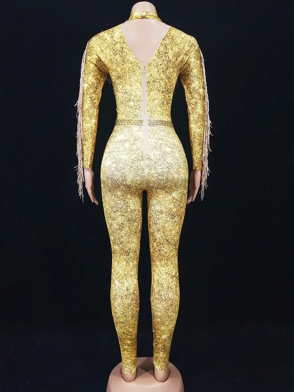الذهب الراين شرابة طويلة الأكمام بذلة للنساء ضيق يوتار أداء الرقص زي المغني صورة عرض المرحلة ارتداء
