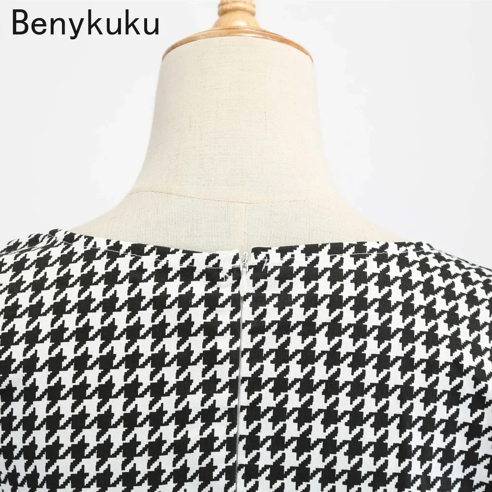 Houndstooth Women Vintage Plaid Dress 2026 Summer Sexy V Neck Half Sleeve Robe Retro Casual Party Rockabilly 50s 60s Swing Dress - view 5