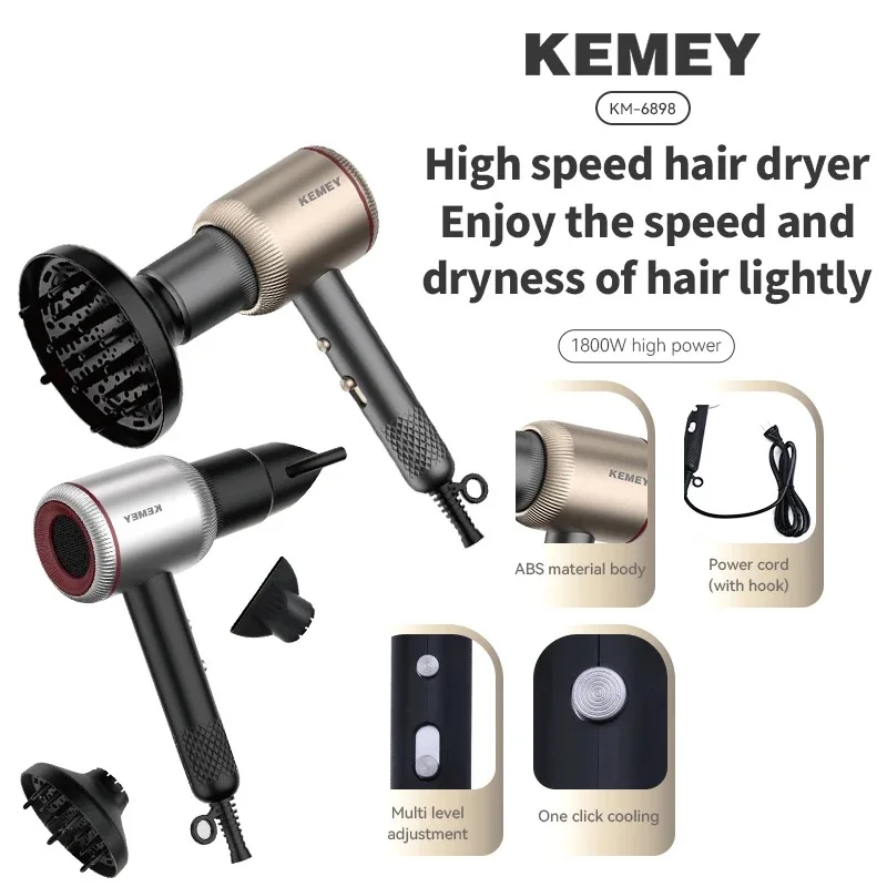Kemei Professional Ionic Salon Hair Dryer Powerful 1800W Fast Drying Low Noise Blow Dryer with 2 Concentrator Nozzle 1 Diffuser