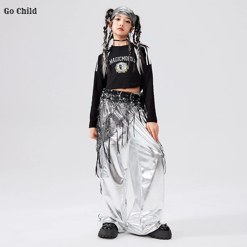 Girls K-pop Laser Crop Top Girdle Silver Cargo Pants Street Dance Kids Hip Hop Shiny Streetwear Child Jazz Costumes Clothes Sets