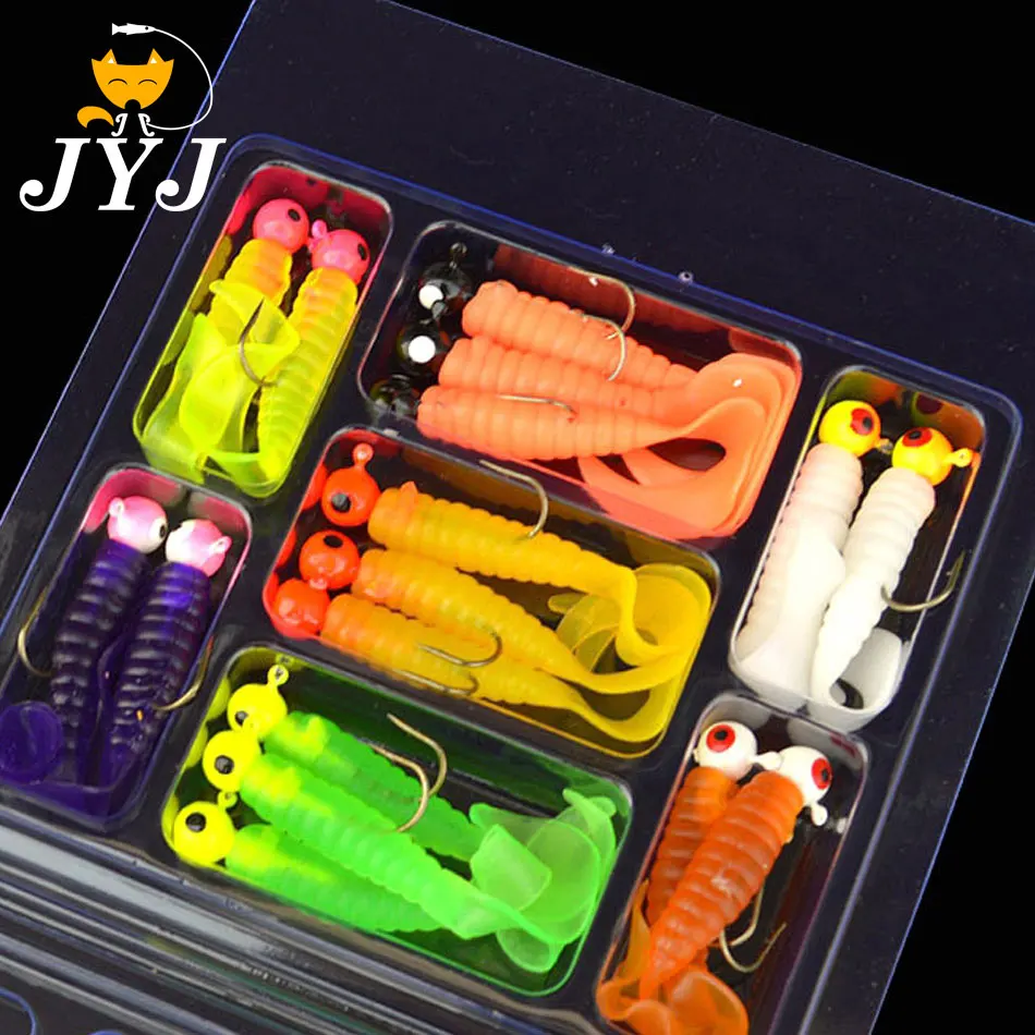 JYJ 34pcs 1 Set Metal Jig Head Fishing Hooks Soft Worm Lure Grub Silicone Fish Artificial Bait Tackle