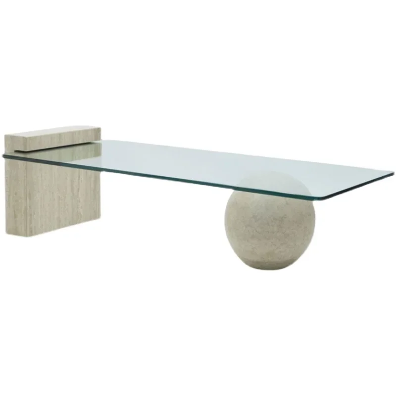 Nordic ins personalized natural marble travertine coffee table, light luxury living room clear glass square tea table