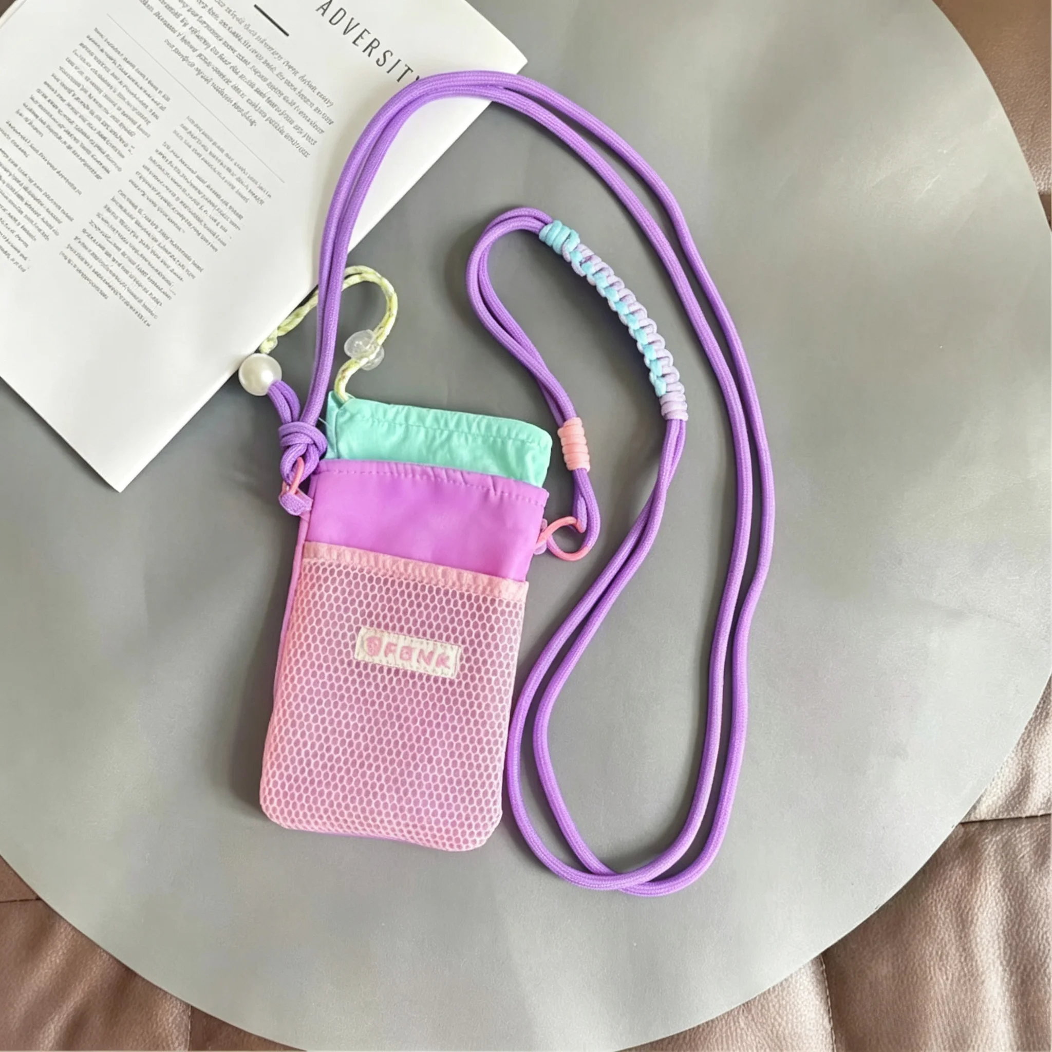 Dopamine Color Contrast Mesh Neck Wallet Adjustable Crossbody Rope Lanyard Phone Bag Earphone Coins Key Lip Organizer for Girls view 4