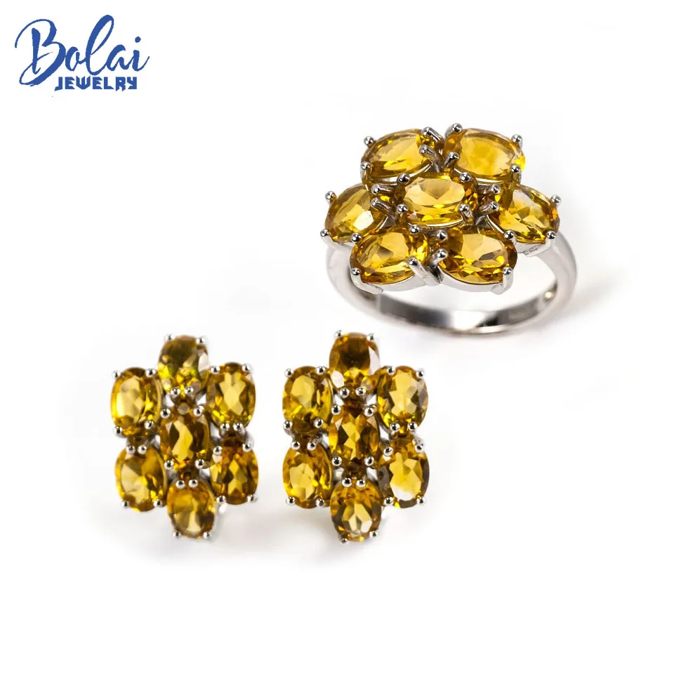 

Bolai 925 Sterling Silver Natural Golden Citrine Jewelry Sets Kits 7*5mm Gemstone Earrings Ring for Woman Wife Best Gift 2022