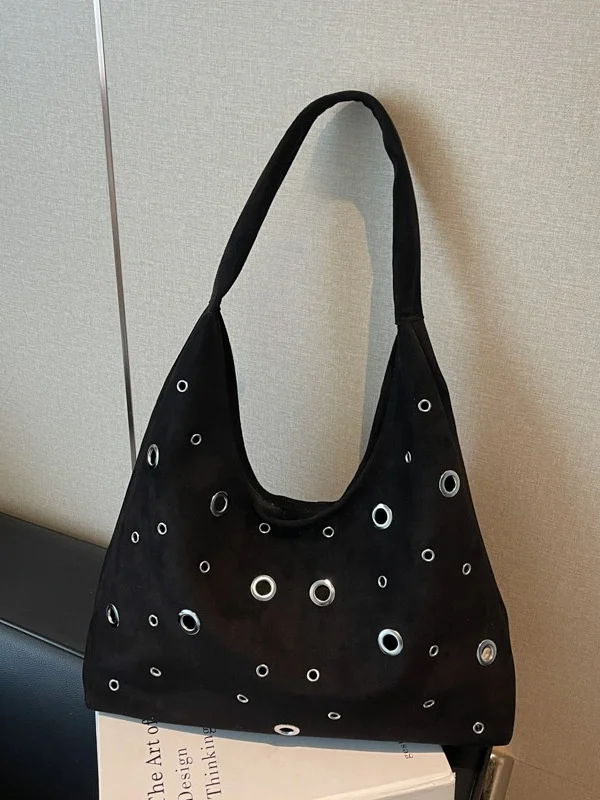 

Punk Sle Rivet Decorated Suede Tote Bag Women's New Retro Commuter Single oulder Bag Faionable Nylon Strap Leisure Handbag