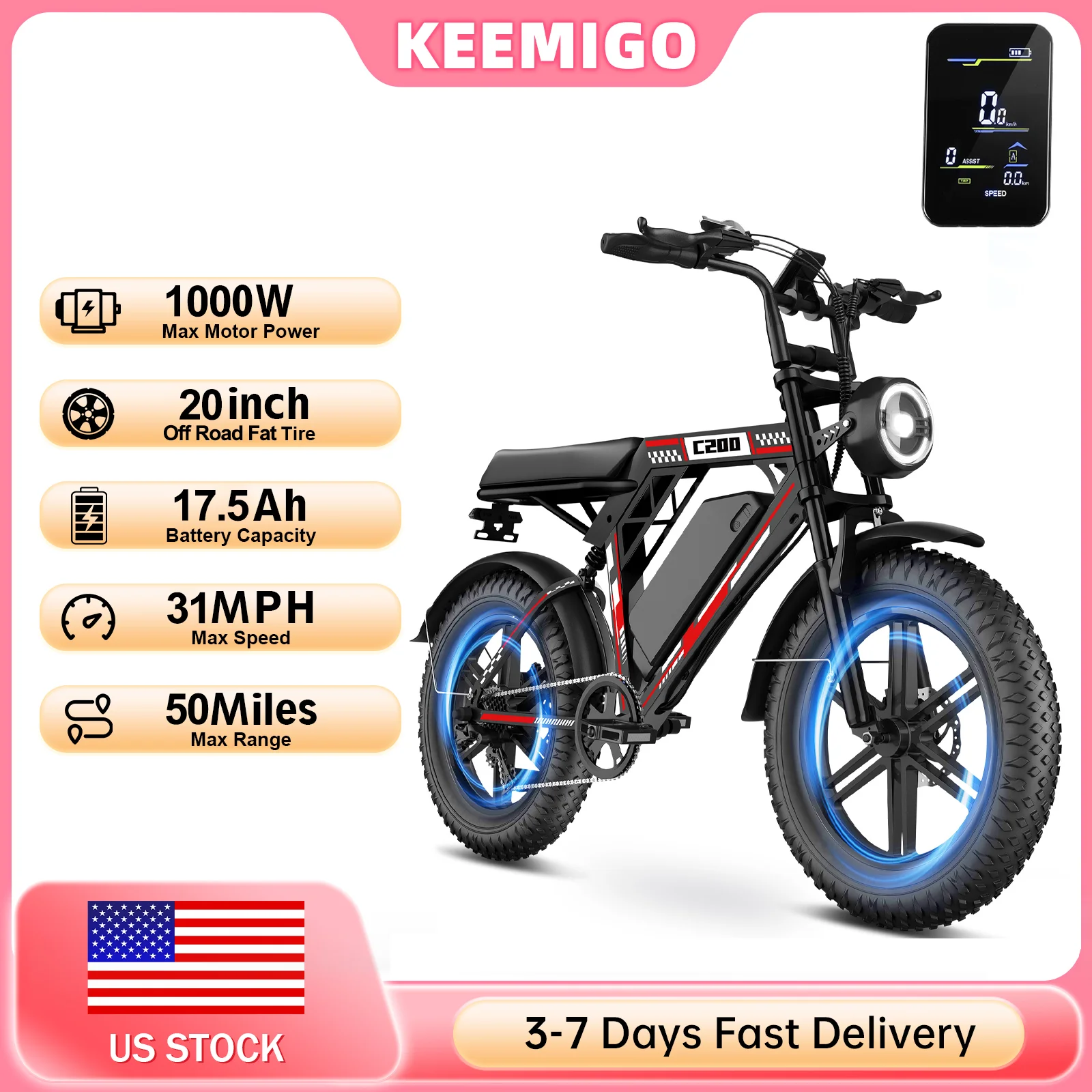 

Электровелосипед Keemigo 1000W с мотором, 20-дюймовыми широкими шинами, для бездорожья, скорость до 31 миль/ч, 48В 17.5Ач, двойная подвеска, гидравлические дисковые тормоза, для взрослых