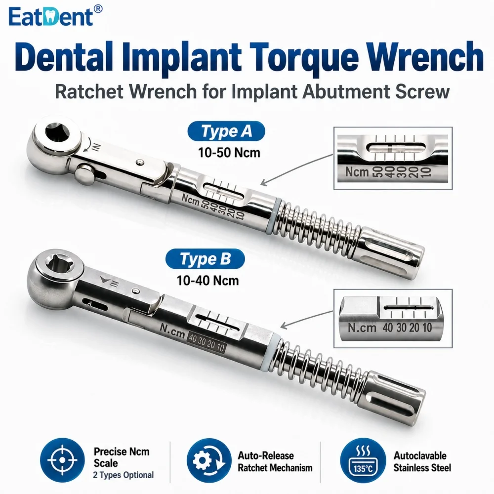 Dental Stainless Steel Implant Torque Ratchet Wrench 10-50 Ncm High Precision with Drivers for Dentists Surgery Dentistry Tool