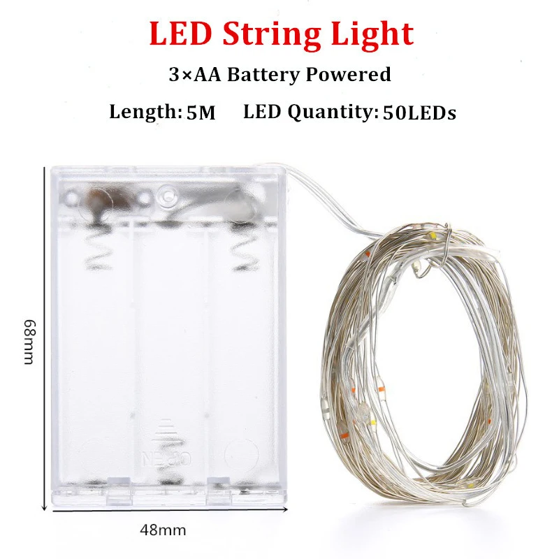 Fio de cobre LED String Light, Fairy Light, Alimentado por pilhas, Quarto, Jardim, Festa, Decoração do casamento, 1 m, 2 m, 3 m, 5 m, 10m, 10 Packs