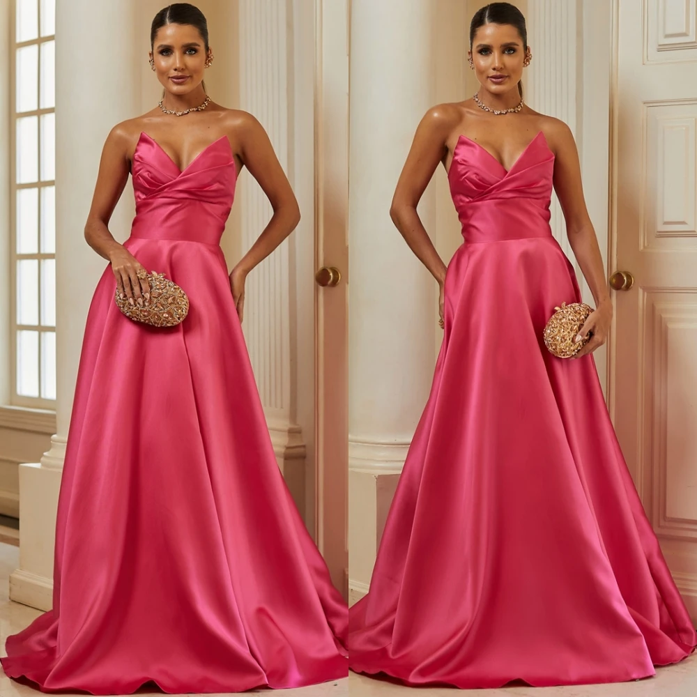 

Customized Fashion V-Neck Satin Evening Dress Simple Sleeveless Homecoming Dress Temperament Sweep Train Special Occasion Gowns