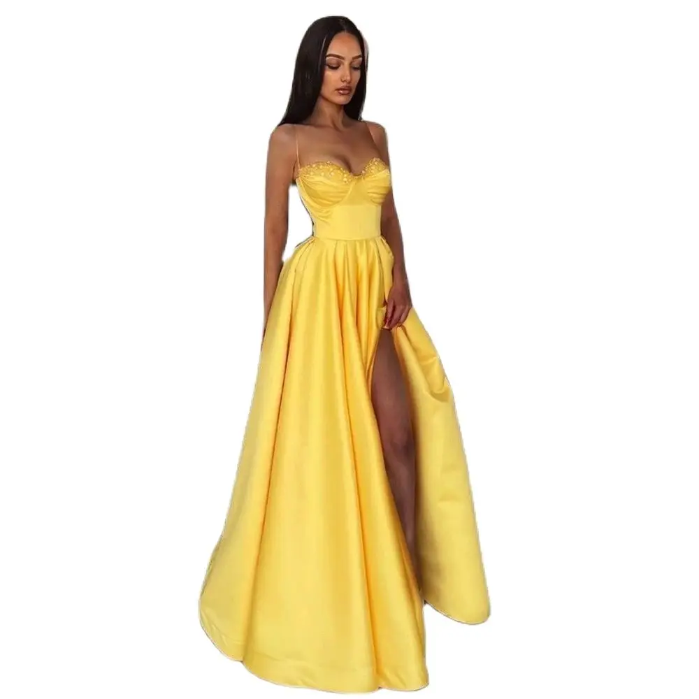 

Bright Yellow Long Evening Dresses Elegant Sweetheart Spaghetti Straps Party Dresses For Women Wedding Formal Prom فساتين السهرة