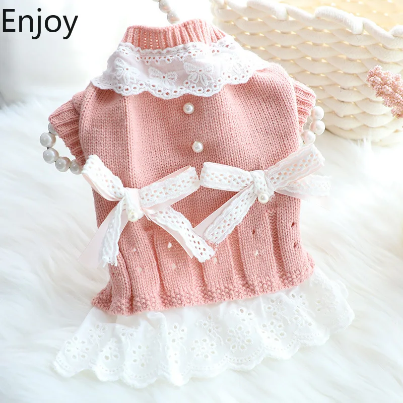 Cat and Dog Dress Spring Autumn Sweater Dress Pink Blue Bow Patchwork  Hollow Out Lace Princess Dress Pet Clothing