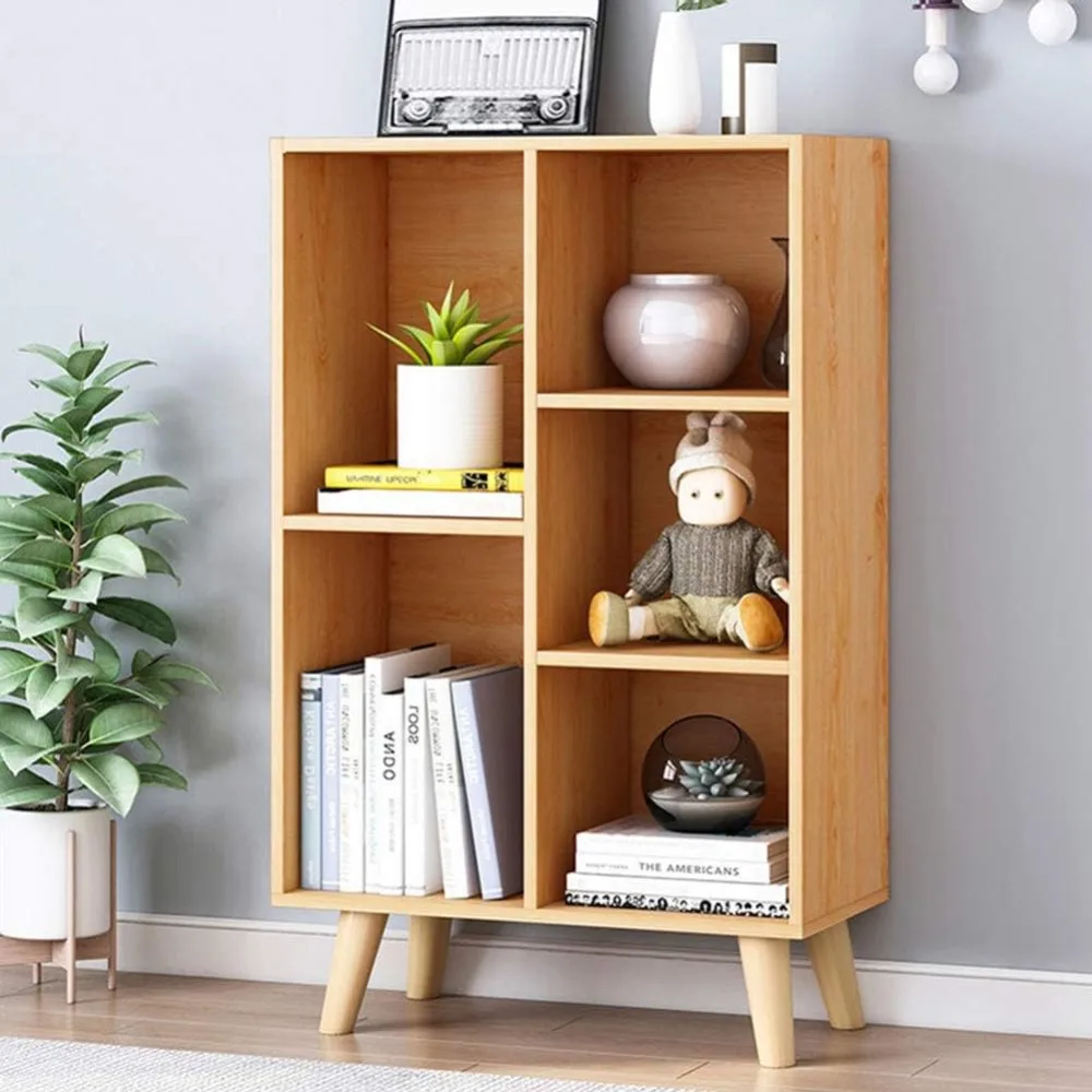 

Wooden Open Shelf Bookcase - 3-Tier Floor Standing Display Cabinet Rack with Legs, 5 Cubes Bookshelf, Pear Yellow